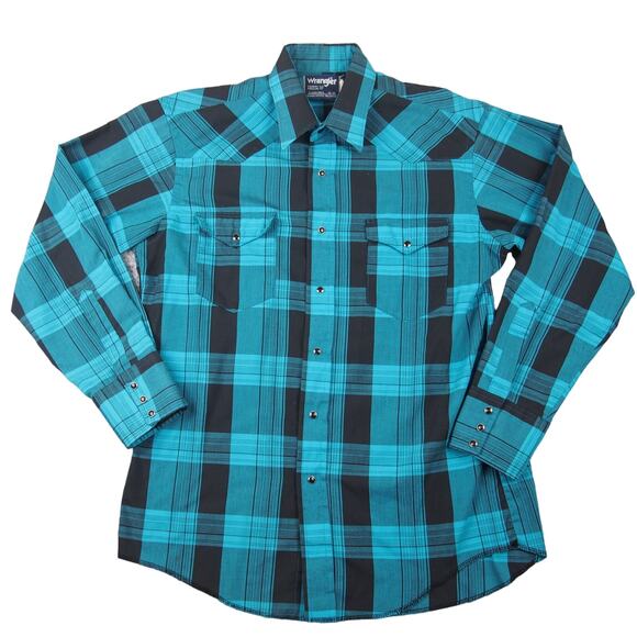 Vintage Wrangler Shirt X-Long Tails Sz L 16-33‎ Pearl Snap Cowboy Cut Turquoise - Picture 1 of 9